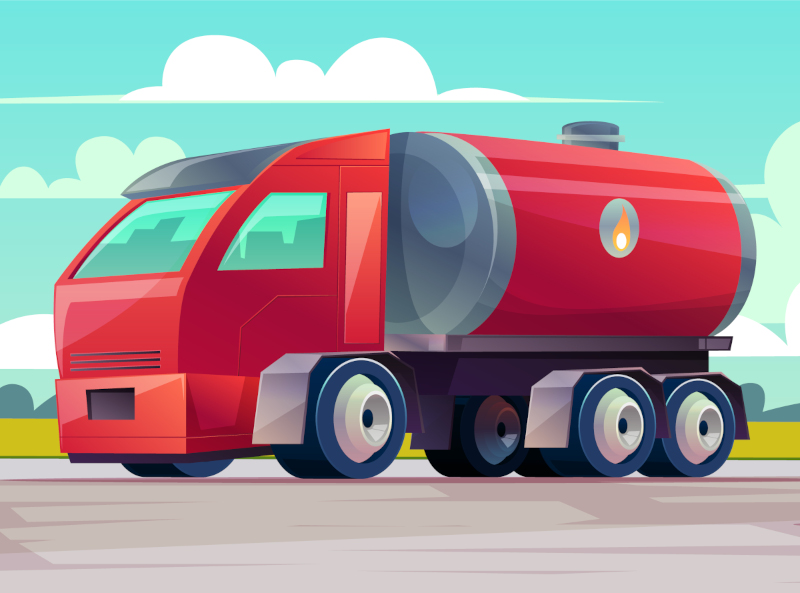 Vector red truck delivers flammable oil in tank. Background with vehicle, green trees and sky with clouds. Transport with cistern of liquid gasoline, fuel on the road. Industrial lorry with petroleum.