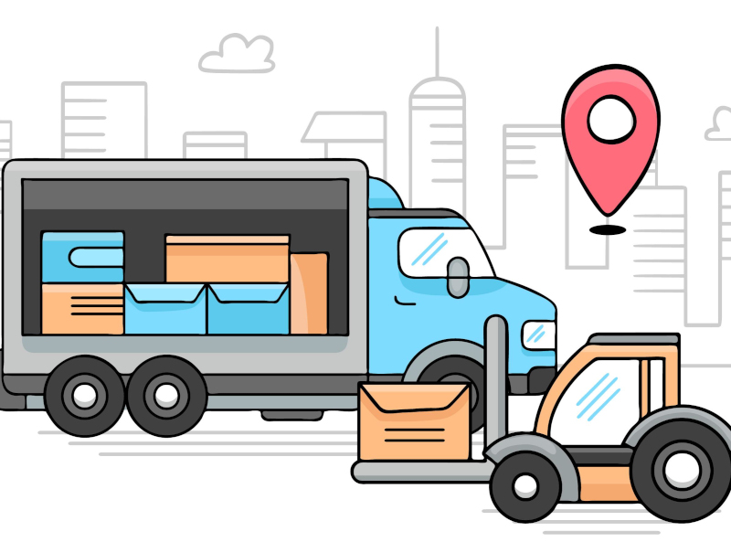 Vector red truck delivers flammable oil in tank. Background with vehicle, green trees and sky with clouds. Transport with cistern of liquid gasoline, fuel on the road. Industrial lorry with petroleum.