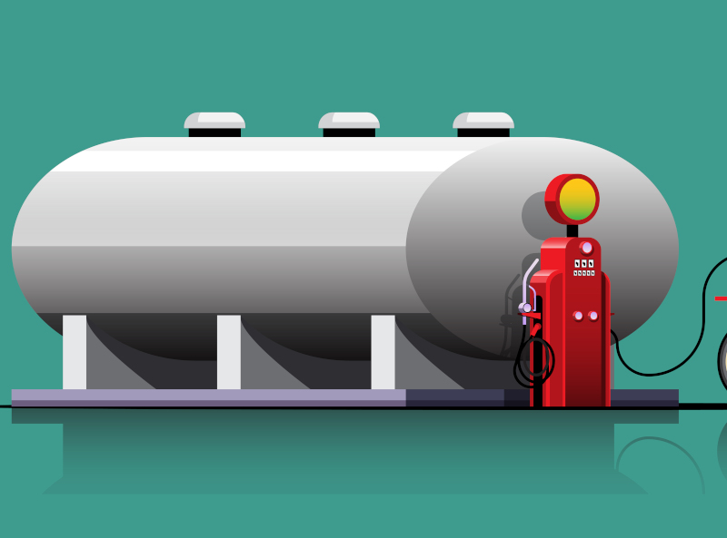 Vector red truck delivers flammable oil in tank. Background with vehicle, green trees and sky with clouds. Transport with cistern of liquid gasoline, fuel on the road. Industrial lorry with petroleum.