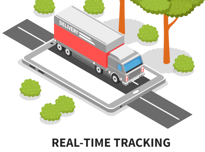 Vector red truck delivers flammable oil in tank. Background with vehicle, green trees and sky with clouds. Transport with cistern of liquid gasoline, fuel on the road. Industrial lorry with petroleum.
